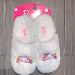Barbie Off White Plush Women's Slippers with Rainbow Logo Size Large 8-9